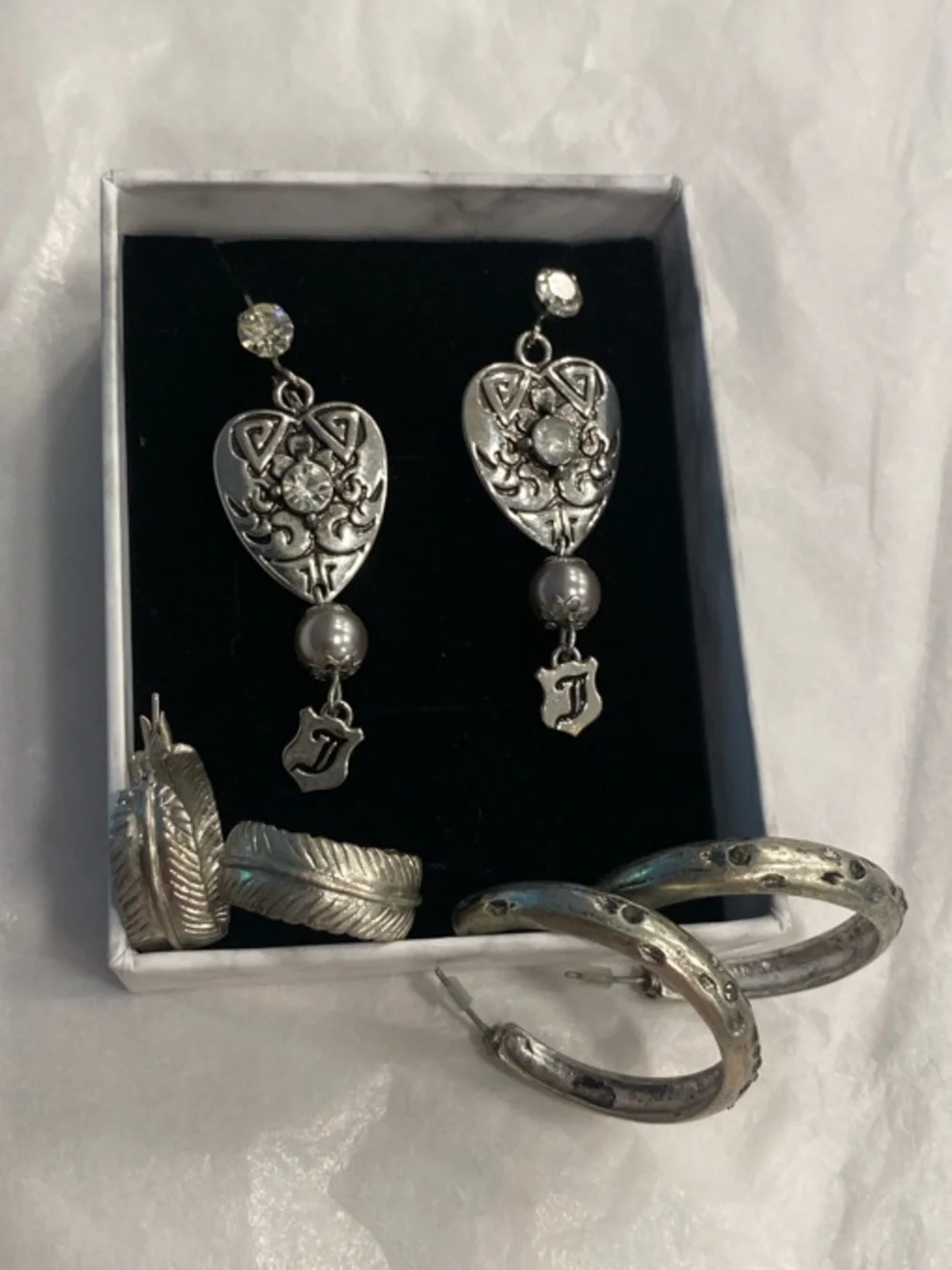 Silver Earring Bundle 3 Pair Set | Heart Dangle + Textured Hoops | Vintage Style - Picture 2 of 10